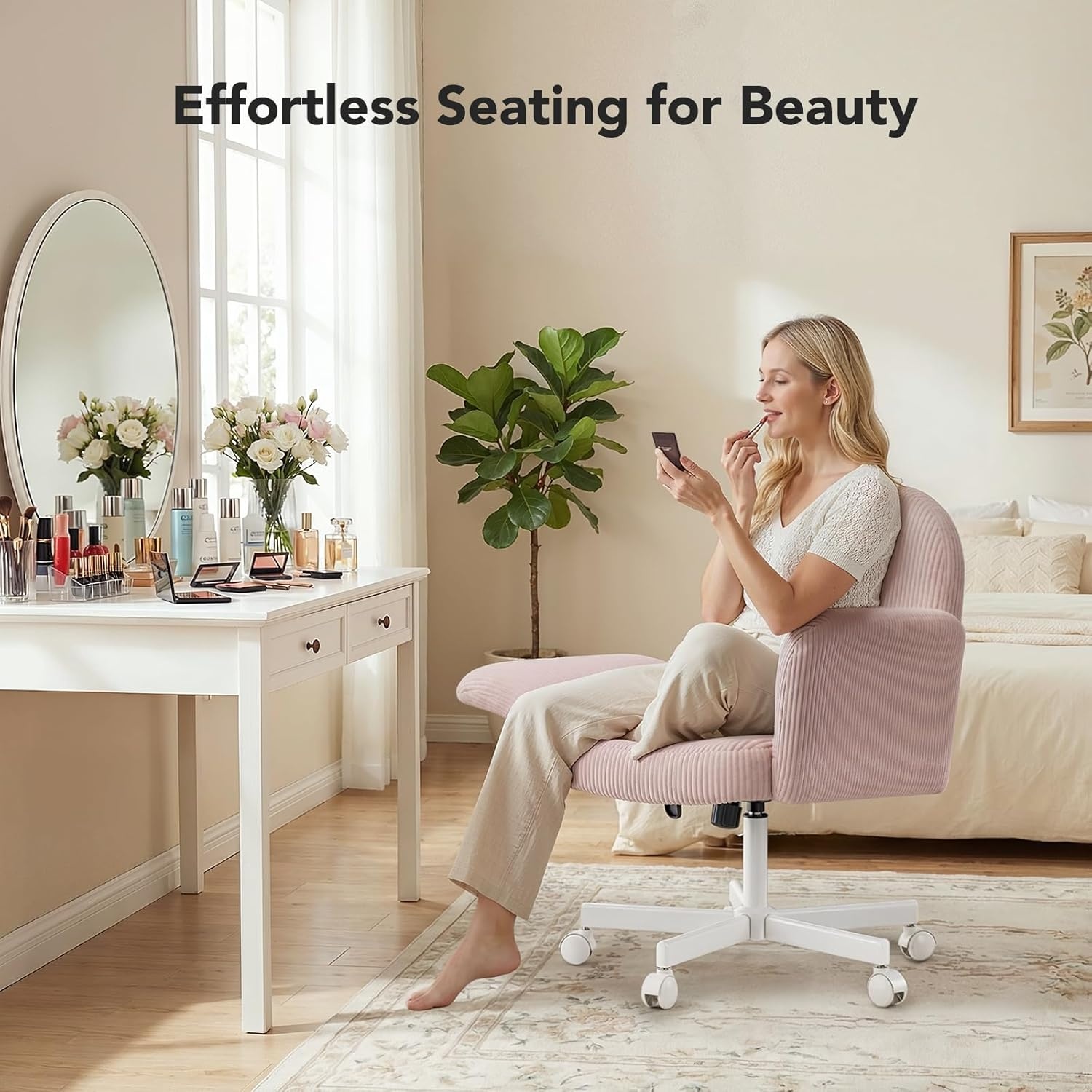 image:imageHUANUO Criss Cross Office Chair for Women Cross Legged Desk Chair with Adjustable Armrests Soft Corduroy Fabric for Small Spaces Petite Home Office Computer Chair for Girls PinkPink