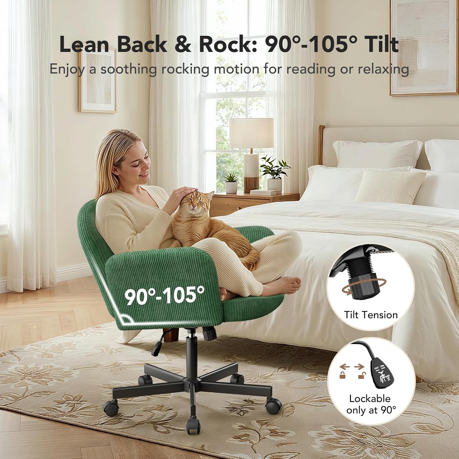 image:imageHUANUO Criss Cross Office Chair for Women Cross Legged Desk Chair with Adjustable Armrests Soft Corduroy Fabric for Small Spaces Petite Home Office Computer Chair for Girls PinkDeep Green