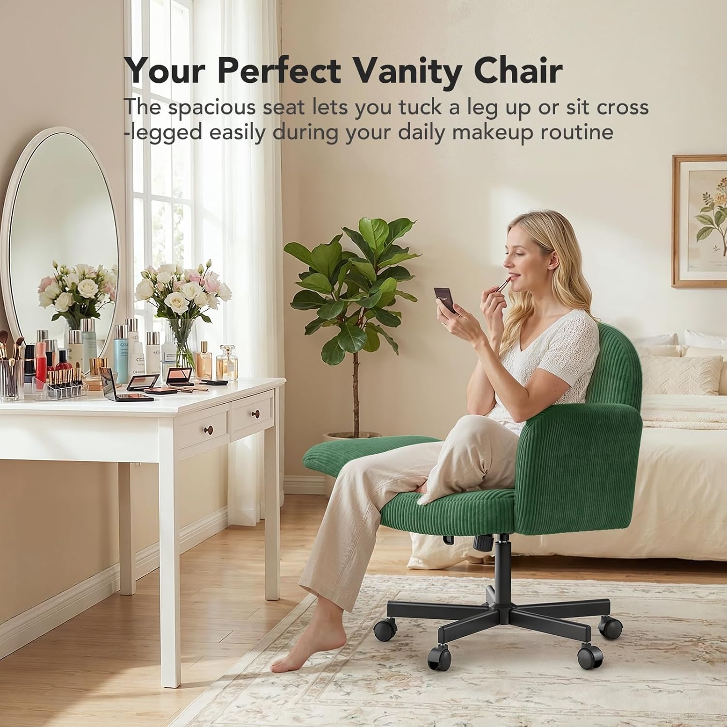 image:imageHUANUO Criss Cross Office Chair for Women Cross Legged Desk Chair with Adjustable Armrests Soft Corduroy Fabric for Small Spaces Petite Home Office Computer Chair for Girls PinkDeep Green