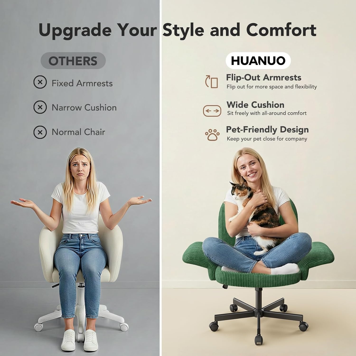 image:imageHUANUO Criss Cross Office Chair for Women Cross Legged Desk Chair with Adjustable Armrests Soft Corduroy Fabric for Small Spaces Petite Home Office Computer Chair for Girls PinkDeep Green
