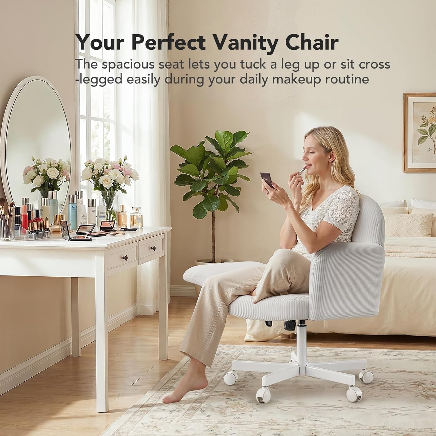 image:imageHUANUO Criss Cross Office Chair for Women Cross Legged Desk Chair with Adjustable Armrests Soft Corduroy Fabric for Small Spaces Petite Home Office Computer Chair for Girls PinkWhite