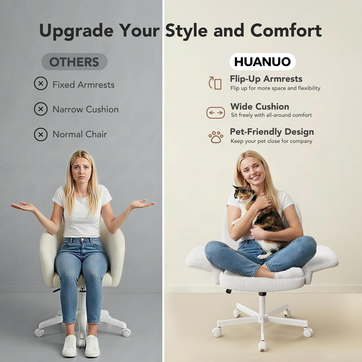 image:imageHUANUO Criss Cross Office Chair for Women Cross Legged Desk Chair with Adjustable Armrests Soft Corduroy Fabric for Small Spaces Petite Home Office Computer Chair for Girls PinkWhite