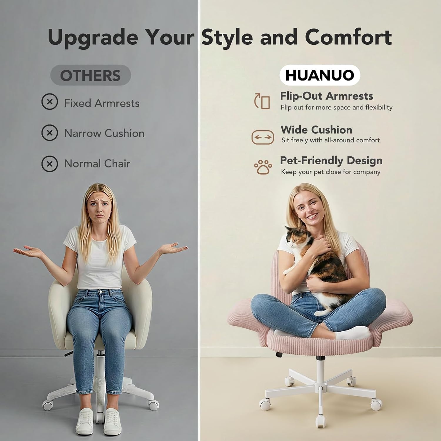 image:imageHUANUO Criss Cross Office Chair for Women Cross Legged Desk Chair with Adjustable Armrests Soft Corduroy Fabric for Small Spaces Petite Home Office Computer Chair for Girls PinkPink