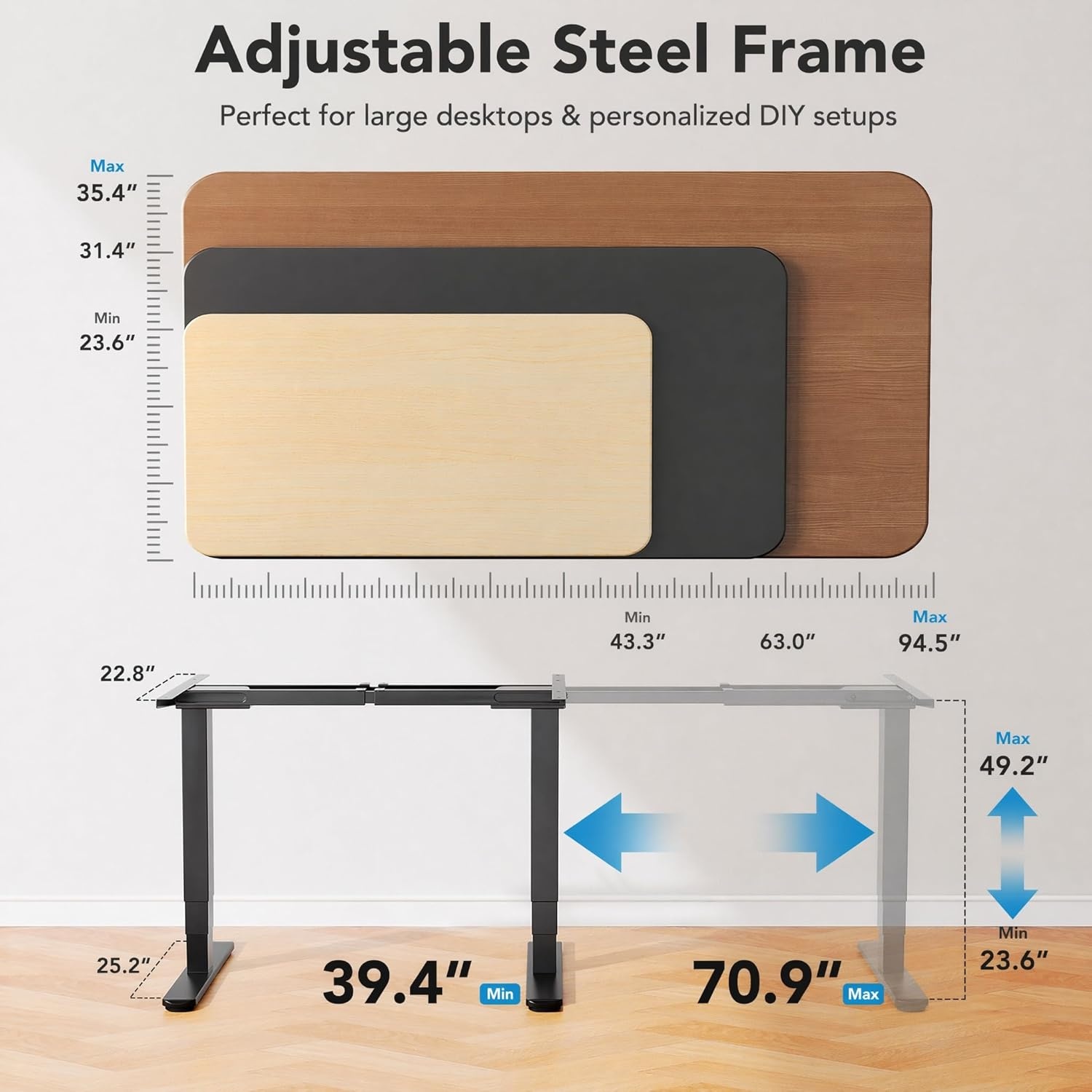 image:imageHUANUO Electric Standing Desks Frame with 265 lbs Dual MotorThick TShaped Desk Legs Made of Automotive Grade Steelfor Max 90x315 Desktop Height Adjustable Desk Frame for Home Office Frame OnlyBlack