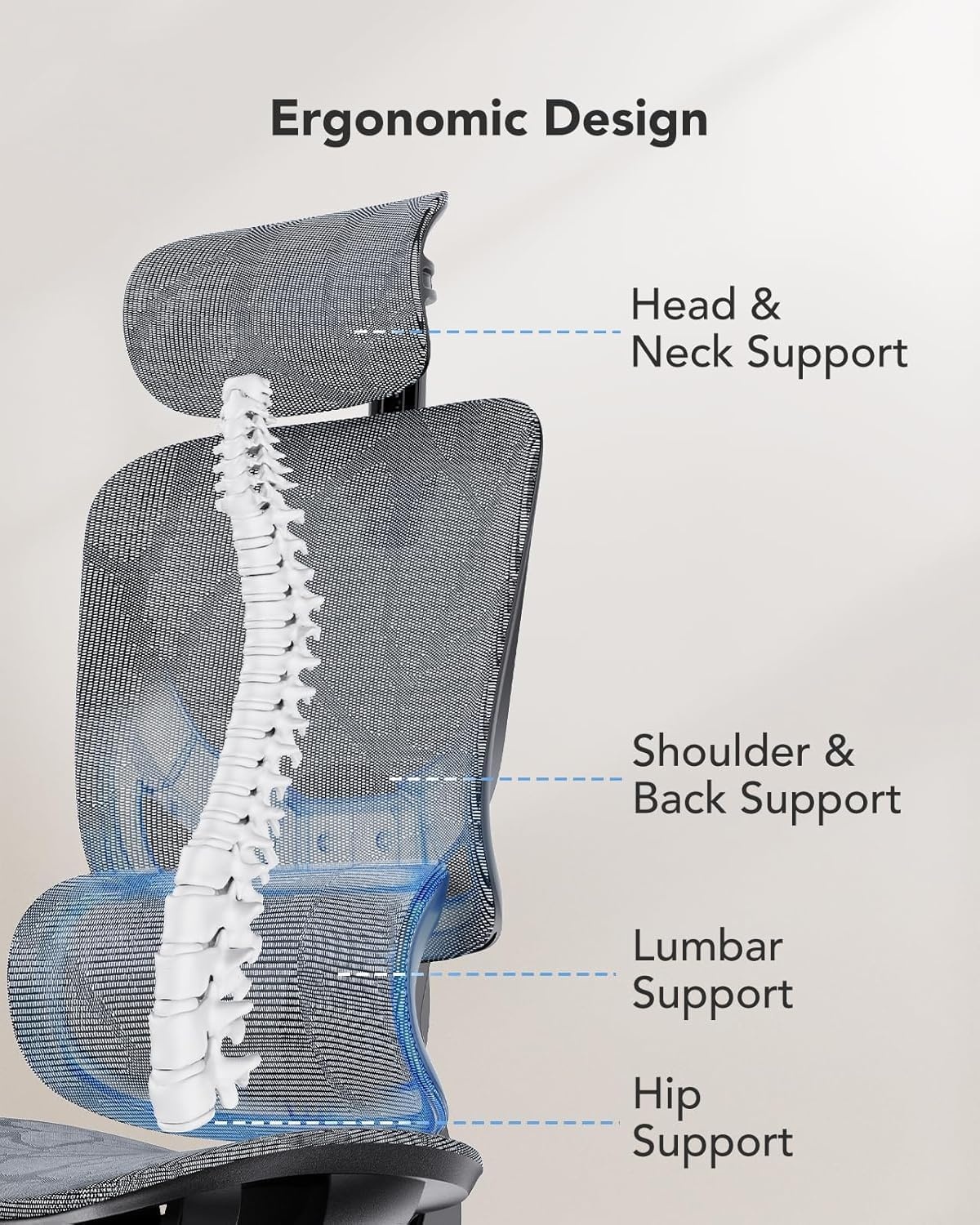 image:imageHUANUO Ergonomic Mesh Office Chair with 5Level Lumbar Support Computer Gaming Chair with Adjustable Headrest amp Armrests Rocking Tilt Comfortable High Back Desk Chair for Home Office6
