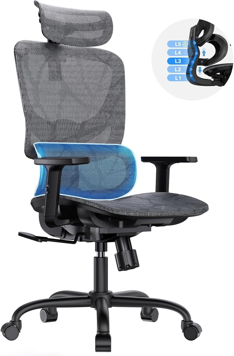 image:imageHUANUO Ergonomic Mesh Office Chair with 5Level Lumbar Support Computer Gaming Chair with Adjustable Headrest amp Armrests Rocking Tilt Comfortable High Back Desk Chair for Home Office6