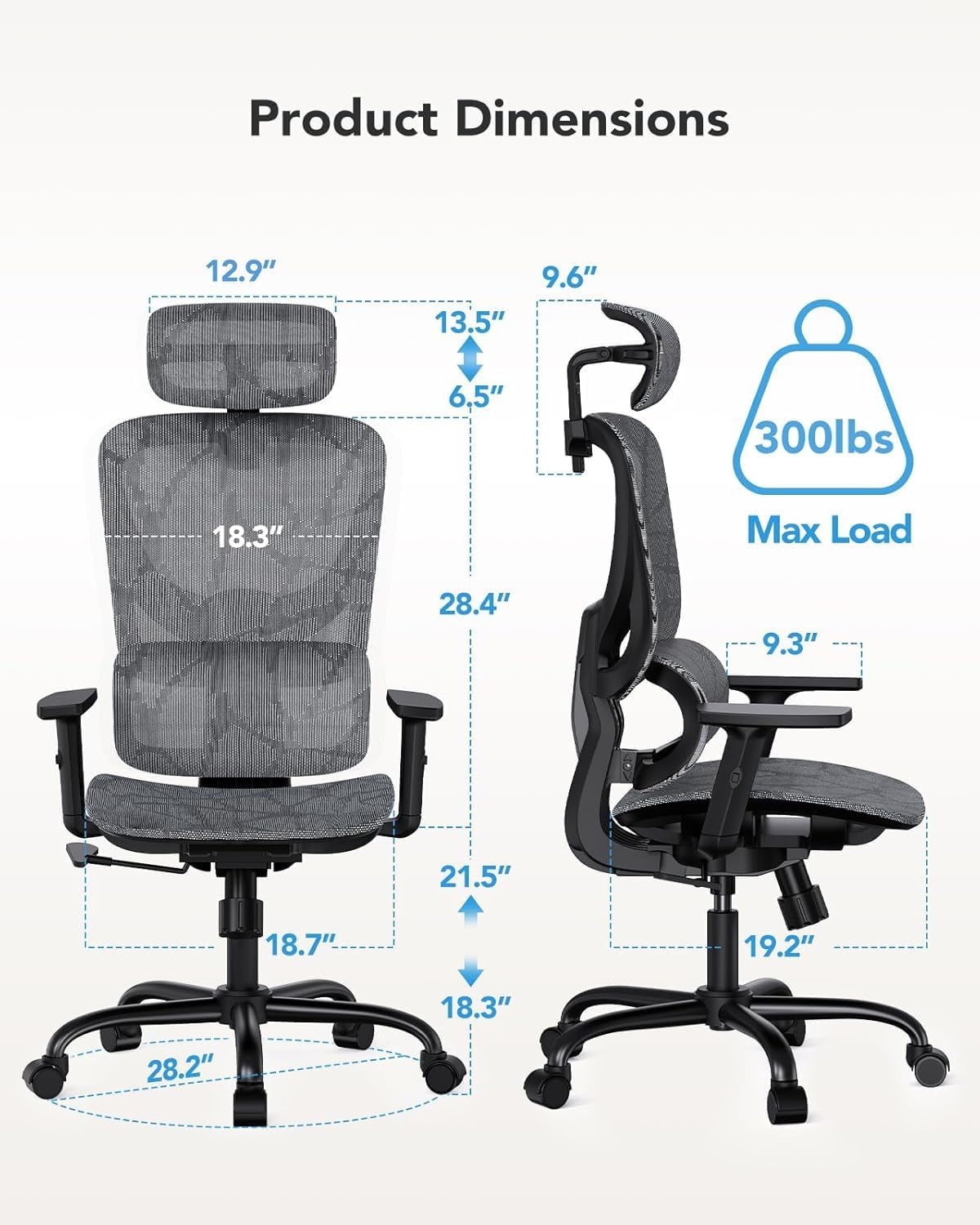 image:imageHUANUO Ergonomic Mesh Office Chair with 5Level Lumbar Support Computer Gaming Chair with Adjustable Headrest amp Armrests Rocking Tilt Comfortable High Back Desk Chair for Home Office2