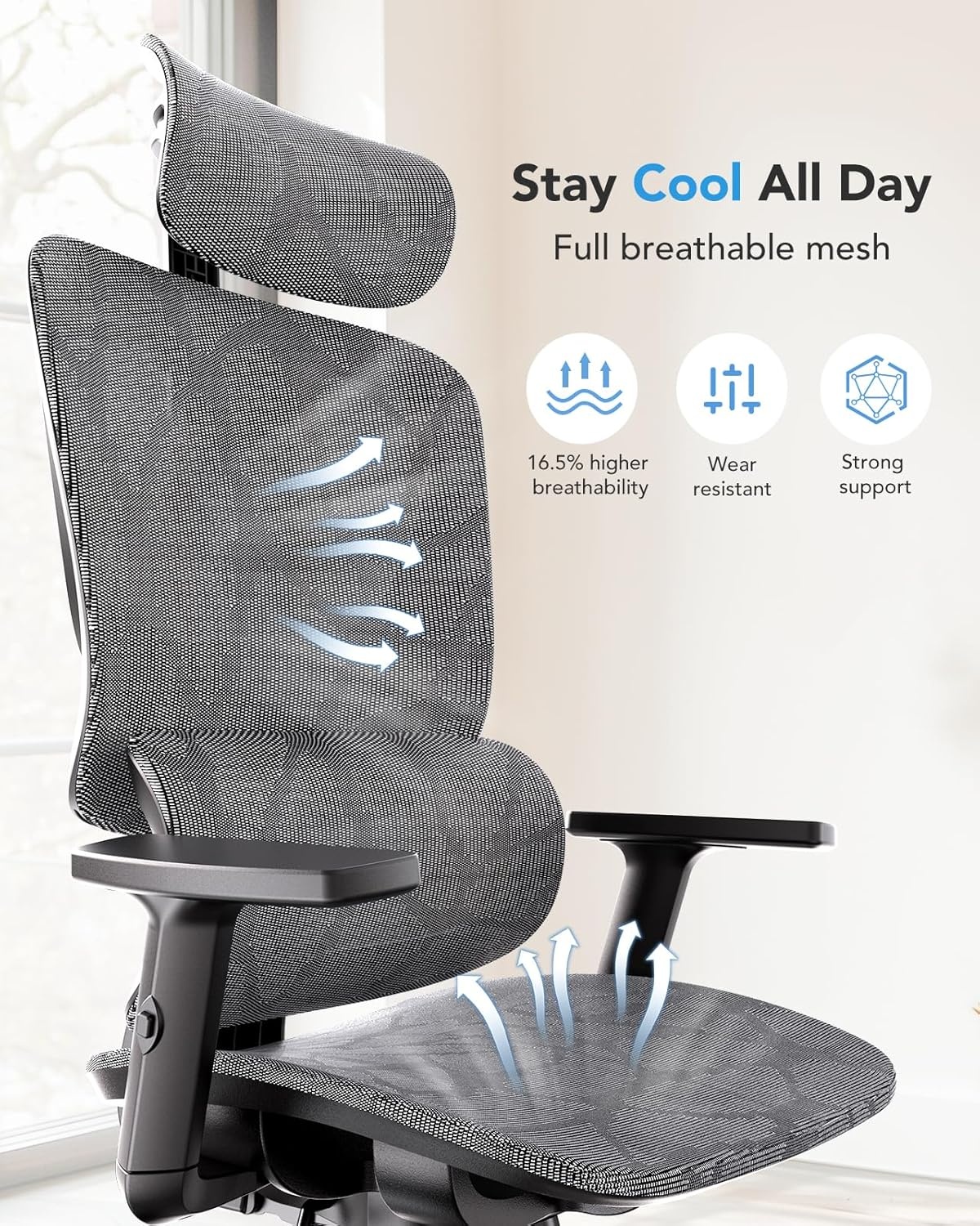 image:imageHUANUO Ergonomic Mesh Office Chair with 5Level Lumbar Support Computer Gaming Chair with Adjustable Headrest amp Armrests Rocking Tilt Comfortable High Back Desk Chair for Home Office1