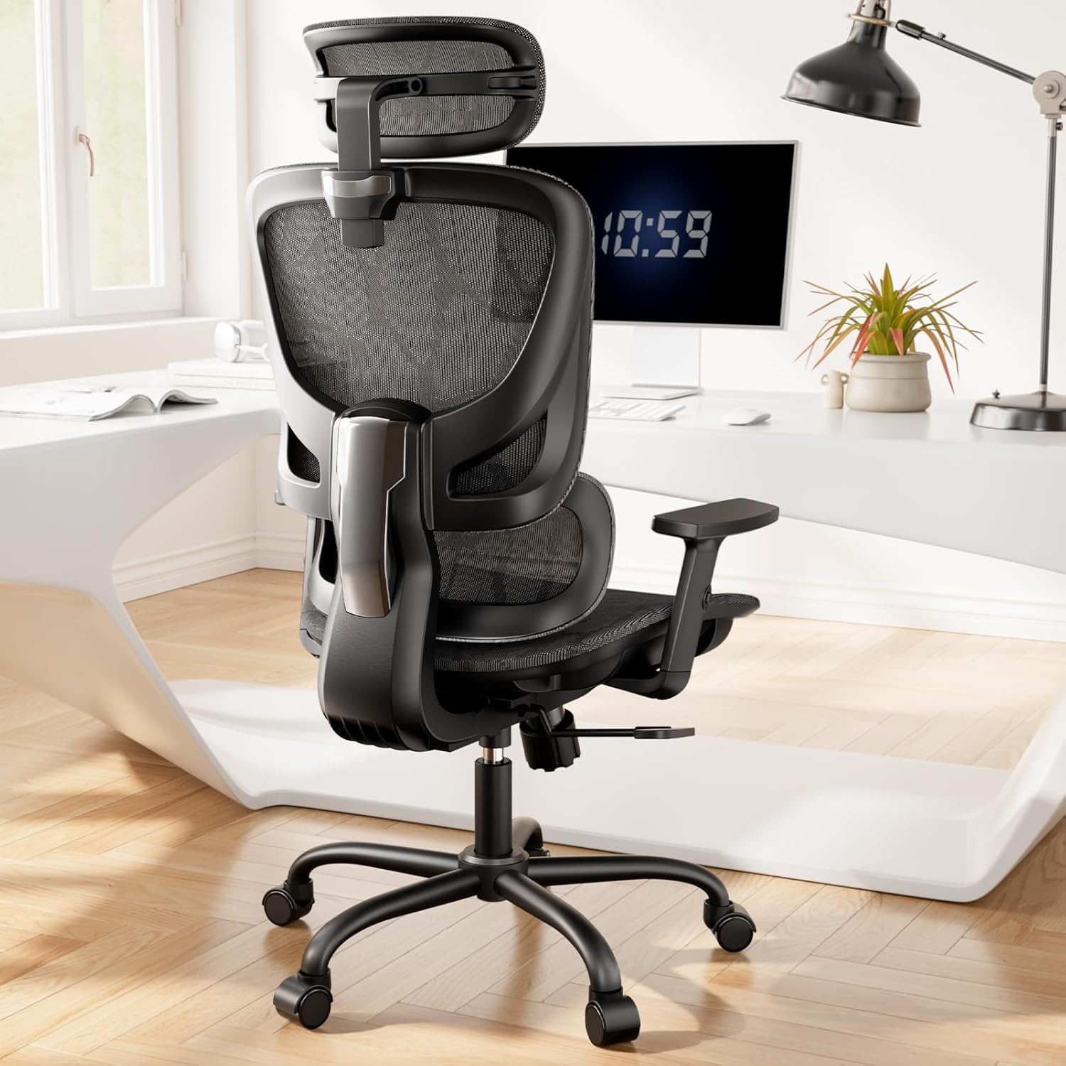 image:imageHUANUO Ergonomic Mesh Office Chair with 5Level Lumbar Support Computer Gaming Chair with Adjustable Headrest amp Armrests Rocking Tilt Comfortable High Back Desk Chair for Home Office1