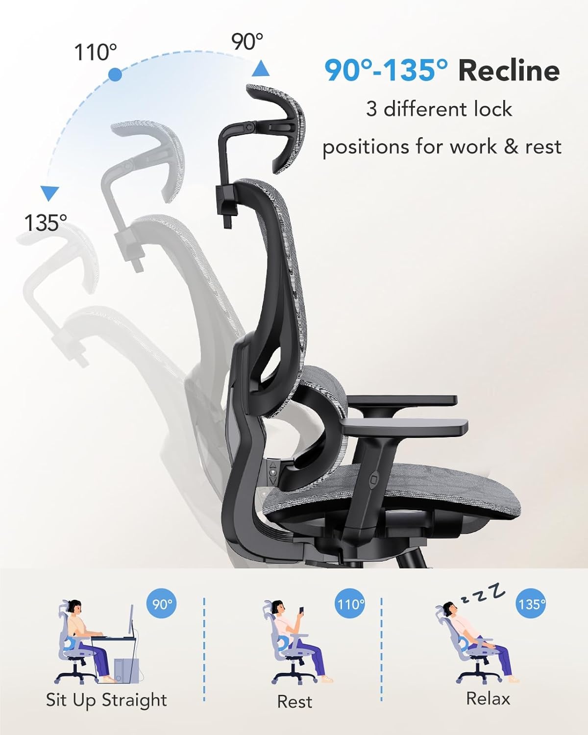 image:imageHUANUO Ergonomic Mesh Office Chair with 5Level Lumbar Support Computer Gaming Chair with Adjustable Headrest amp Armrests Rocking Tilt Comfortable High Back Desk Chair for Home Office1