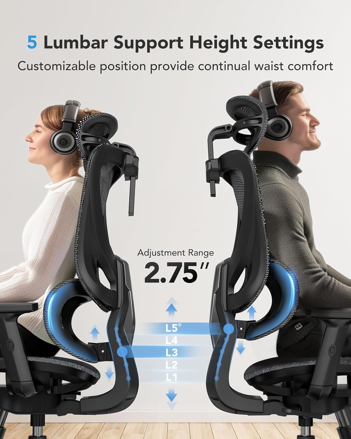 image:imageHUANUO Ergonomic Mesh Office Chair with 5Level Lumbar Support Computer Gaming Chair with Adjustable Headrest amp Armrests Rocking Tilt Comfortable High Back Desk Chair for Home Office1