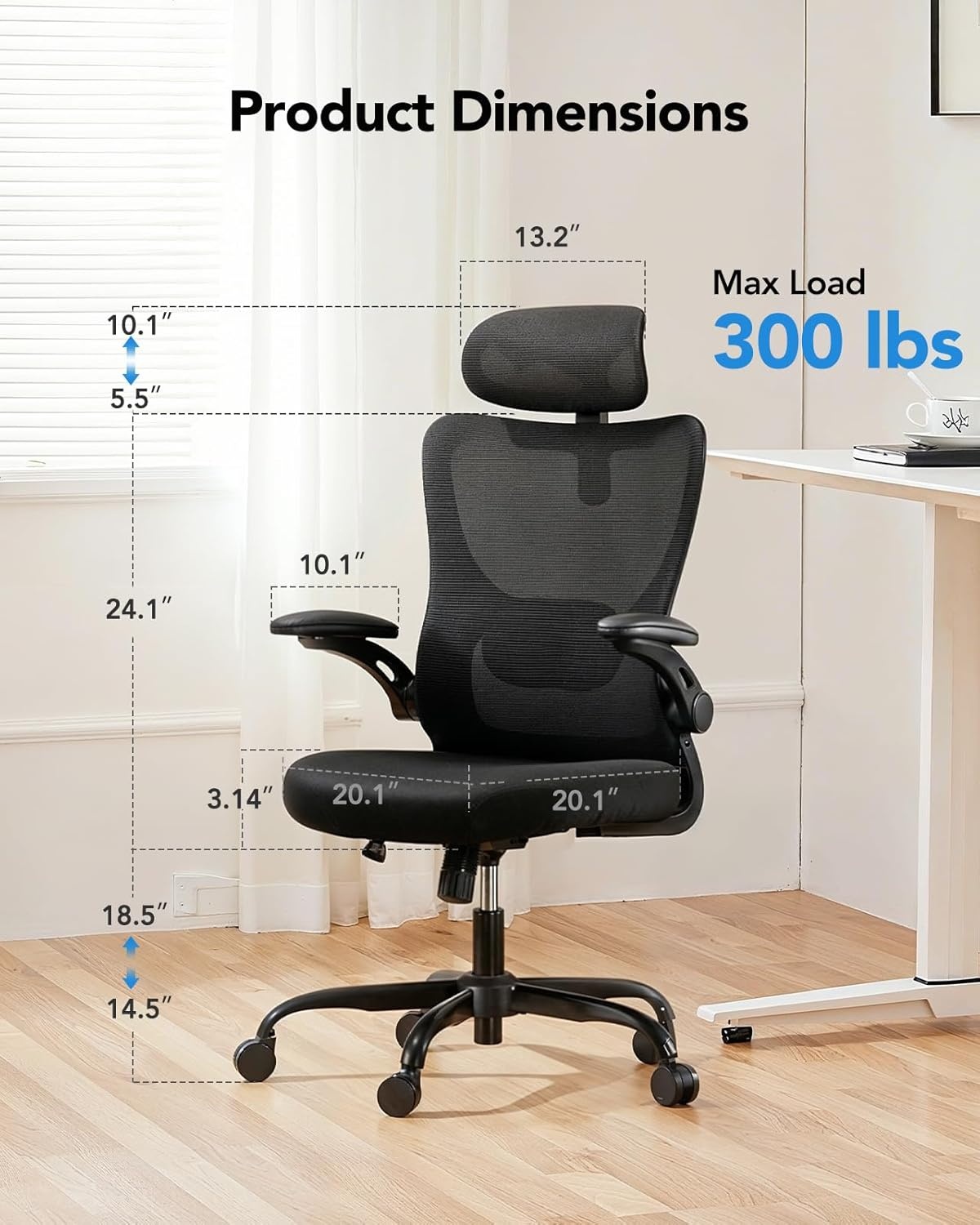 image:imageHUANUO Ergonomic Office Chair High Back Computer Desk Chair with Adjustable Lumbar Support and Headrest Comfy Gaming Chair with 3D Armrests Home Office Rolling Chair Max Load 300 lbs