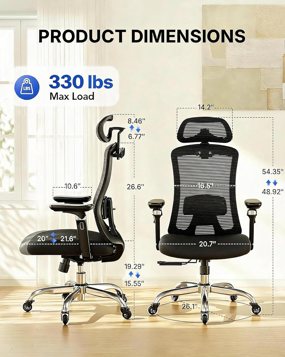 image:imageHUANUO Ergonomic Office Chair with 6D Armrest Seat Depth Adjustment Lumbar Support Quiet Rubber Caster High Back Mesh Gaming Chair with 3D Headrest Big and Tall Desk Chair for Home Office Black
