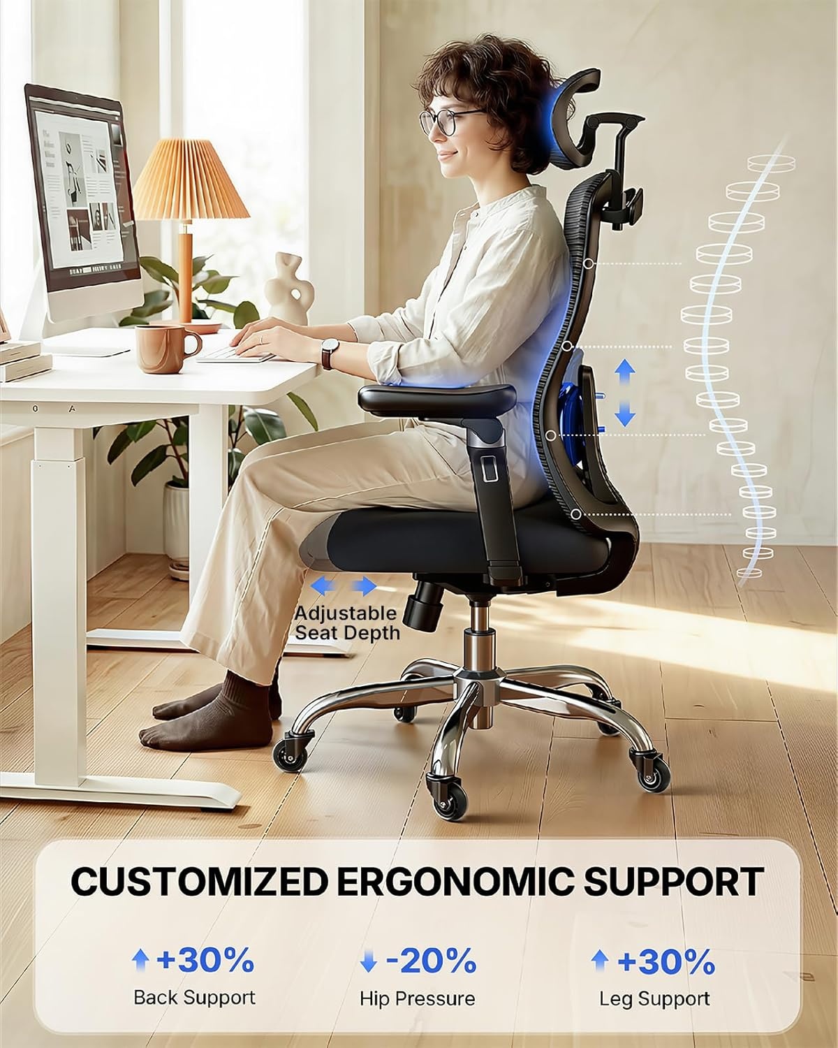 image:imageHUANUO Ergonomic Office Chair with 6D Armrest Seat Depth Adjustment Lumbar Support Quiet Rubber Caster High Back Mesh Gaming Chair with 3D Headrest Big and Tall Desk Chair for Home Office Black