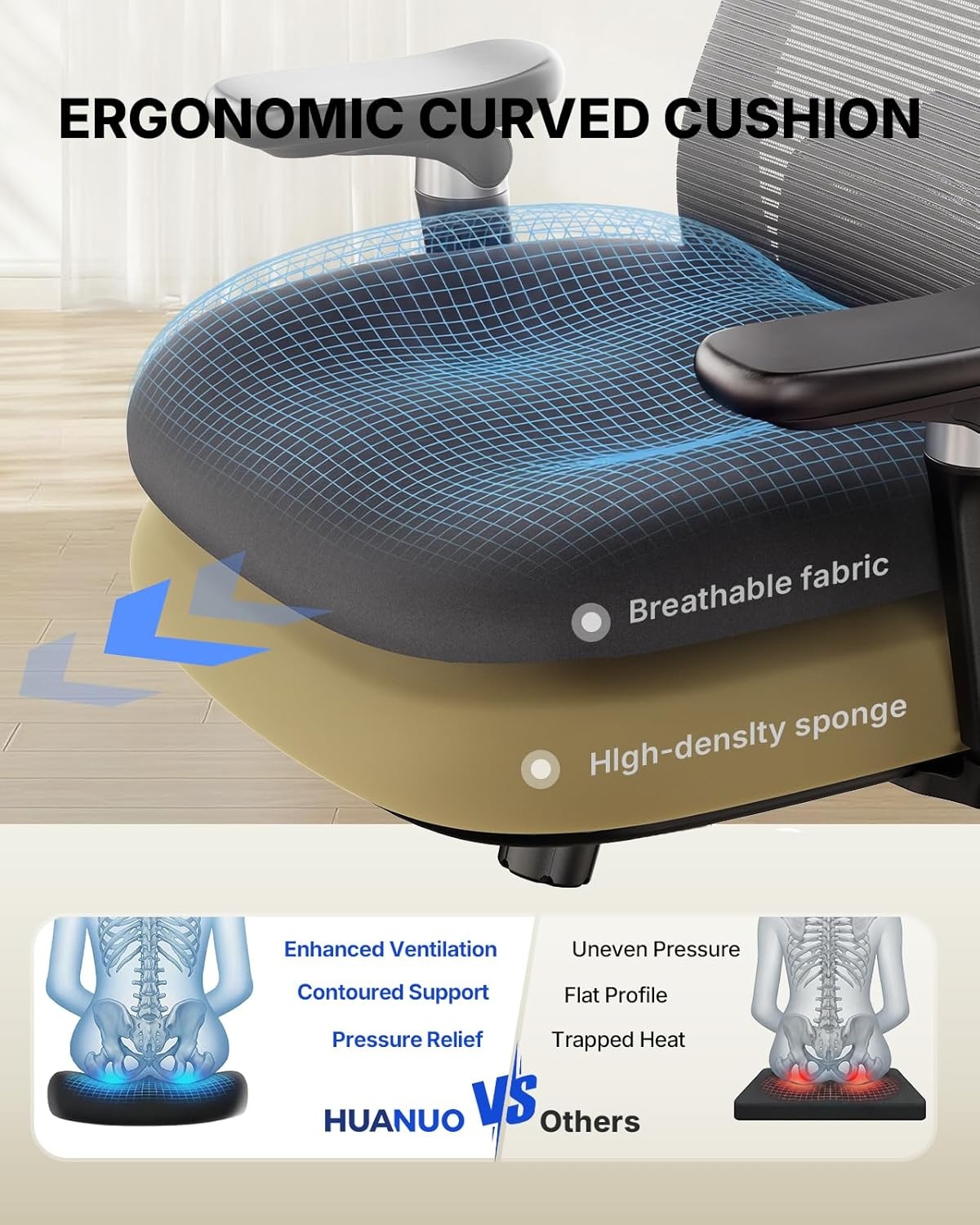 image:imageHUANUO Ergonomic Office Chair with 6D Armrest Seat Depth Adjustment Lumbar Support Quiet Rubber Caster High Back Mesh Gaming Chair with 3D Headrest Big and Tall Desk Chair for Home Office Black