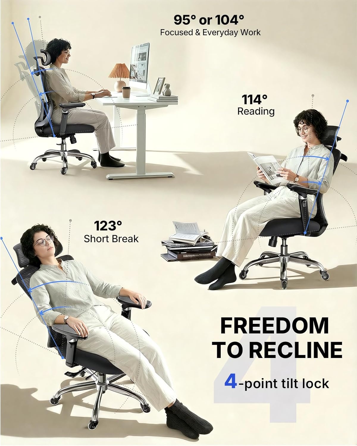 image:imageHUANUO Ergonomic Office Chair with 6D Armrest Seat Depth Adjustment Lumbar Support Quiet Rubber Caster High Back Mesh Gaming Chair with 3D Headrest Big and Tall Desk Chair for Home Office Black