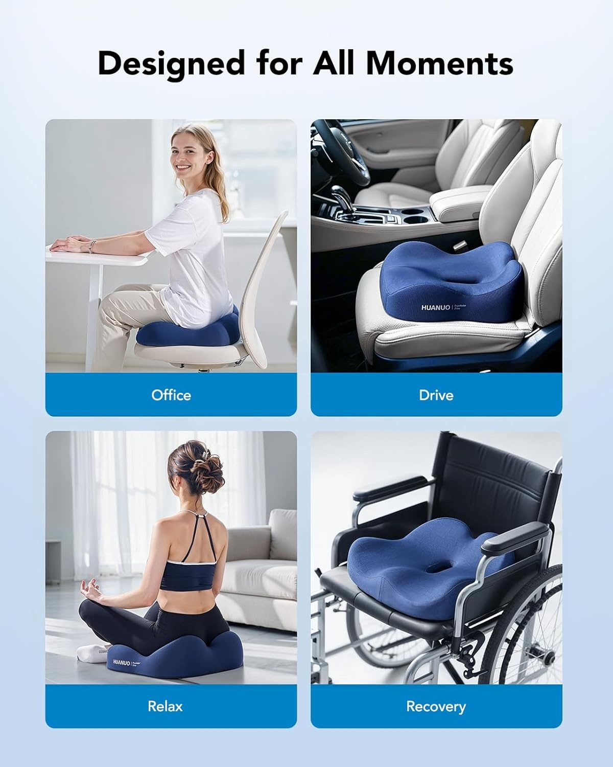 image:imageHUANUO Ergonomic Seat Cushion Memory Foam Cooling Gel Office Chair Cushion for Hip Support Tailbone Pressure Relief Breathable Car Seat Cushion for Home Work Driving