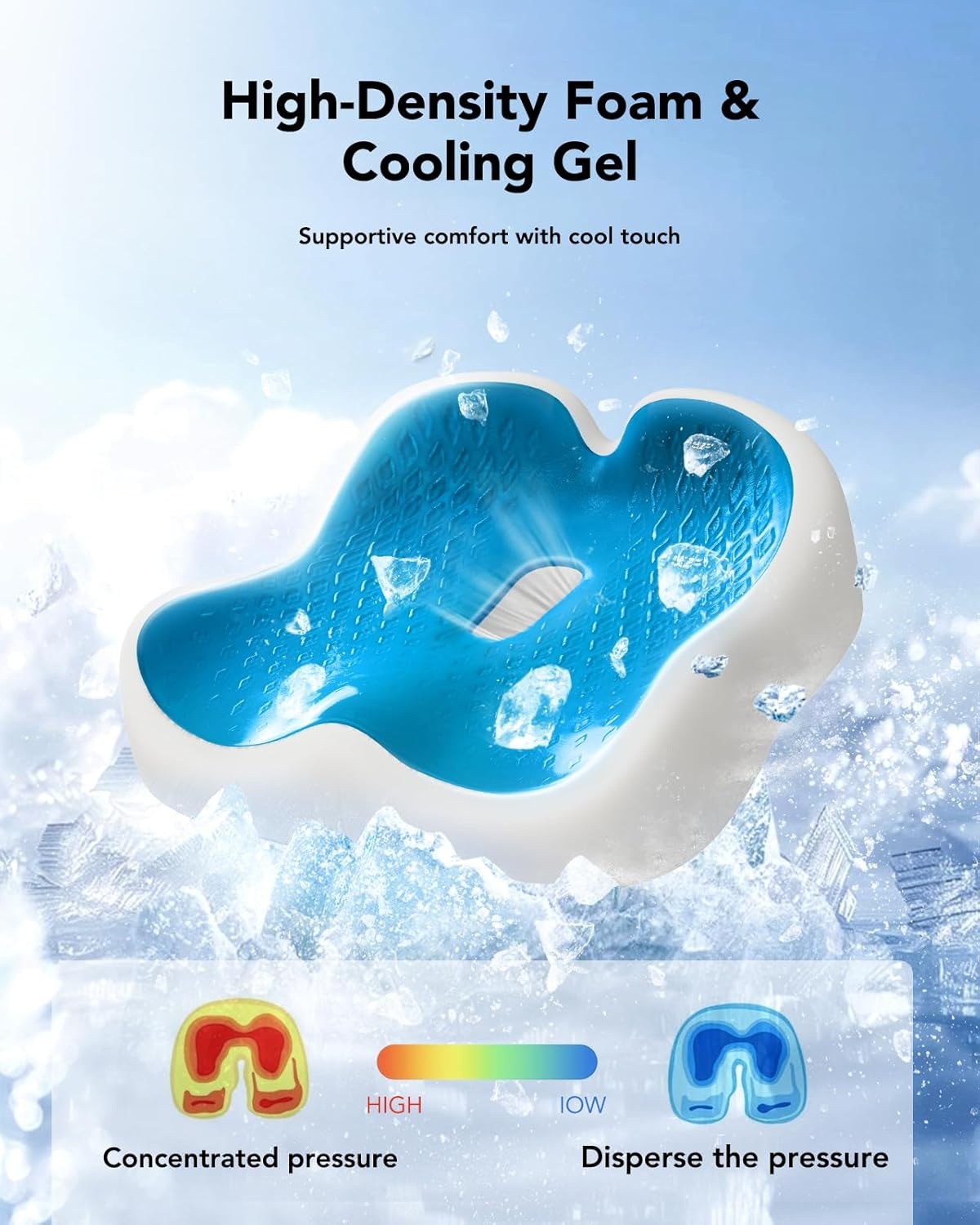 image:imageHUANUO Ergonomic Seat Cushion Memory Foam Cooling Gel Office Chair Cushion for Hip Support Tailbone Pressure Relief Breathable Car Seat Cushion for Home Work Driving