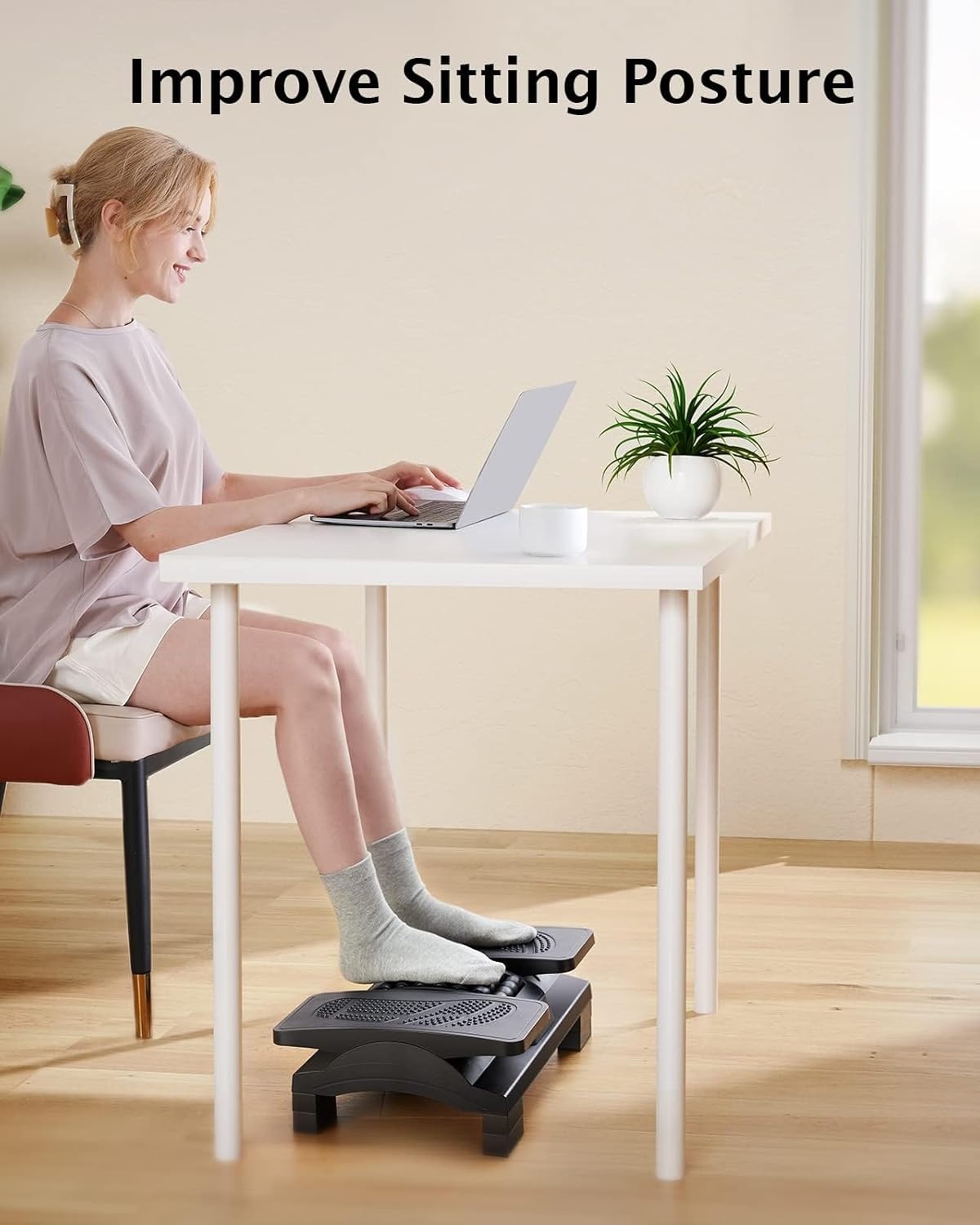 image:imageHUANUO Foot Rest Under Desk Adjustable Ergonomic Footrest for Under Desk at Work or Gaming with Massage Texture and Roller 20 Degree Tilt Angle Adjustment Foot Stool for Office Home