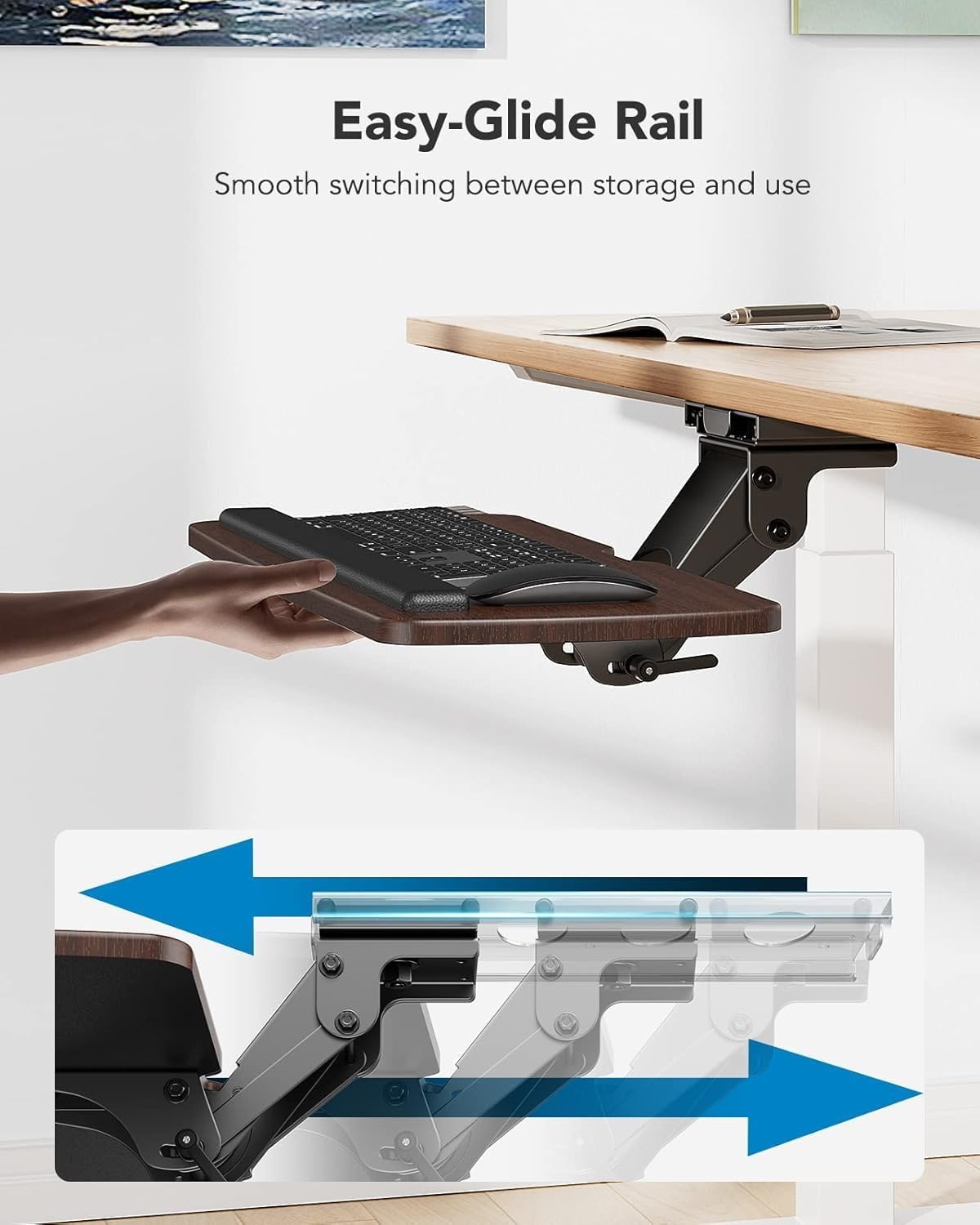 image:imageHUANUO Keyboard Tray Under Desk 360 Adjustable Ergonomic Sliding Keyboard amp Mouse Tray Under Desk Keyboard Tray Slide Out Keyboard Holder Under Desk for Typing in Home Office Work 25W x 984DBrown