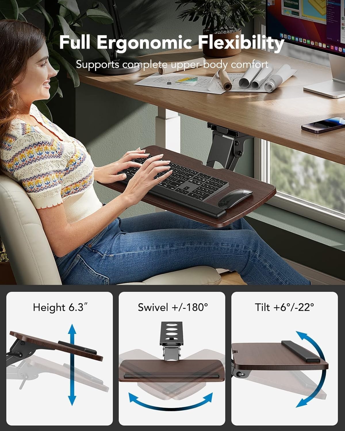 image:imageHUANUO Keyboard Tray Under Desk 360 Adjustable Ergonomic Sliding Keyboard amp Mouse Tray Under Desk Keyboard Tray Slide Out Keyboard Holder Under Desk for Typing in Home Office Work 25W x 984DBrown