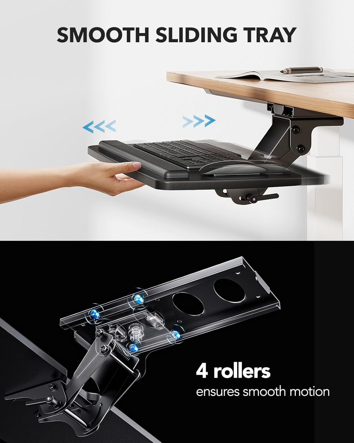 image:imageHUANUO Keyboard Tray Under Desk 360 Adjustable Ergonomic Sliding Keyboard amp Mouse Tray Under Desk Keyboard Tray Slide Out Keyboard Holder Under Desk for Typing in Home Office Work 25W x 984DBlack