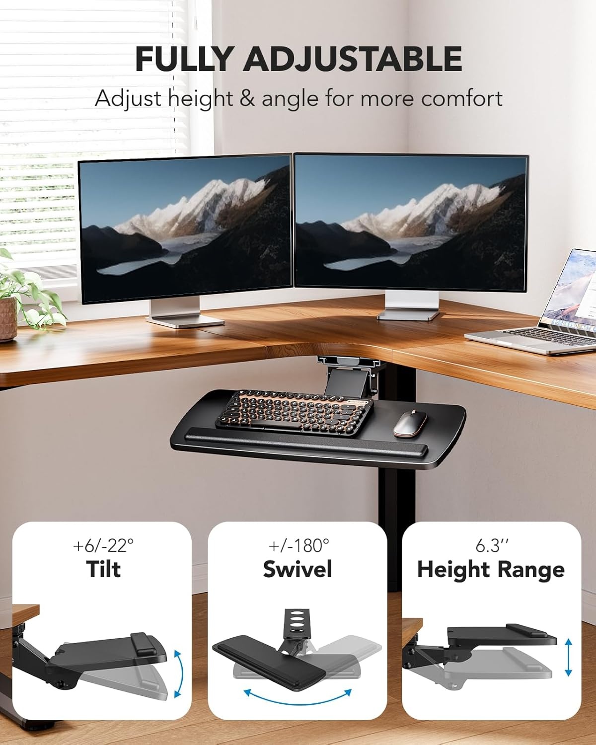 image:imageHUANUO Keyboard Tray Under Desk 360 Adjustable Ergonomic Sliding Keyboard amp Mouse Tray Under Desk Keyboard Tray Slide Out Keyboard Holder Under Desk for Typing in Home Office Work 25W x 984DBlack