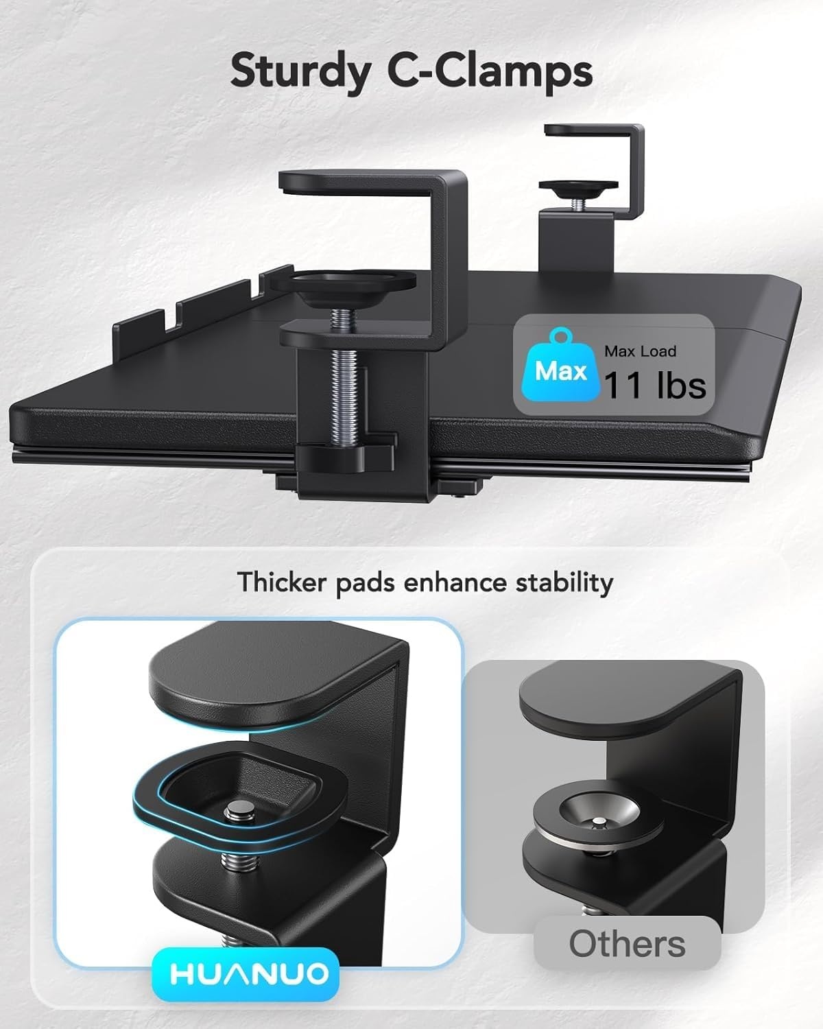image:imageHUANUO Keyboard Tray Under Desk Keyboard Holder with CClamp Hardware 265 W x 118 D Slide Out Computer Keyboard amp Mouse Tray for Home Office Black HNKB12B Large