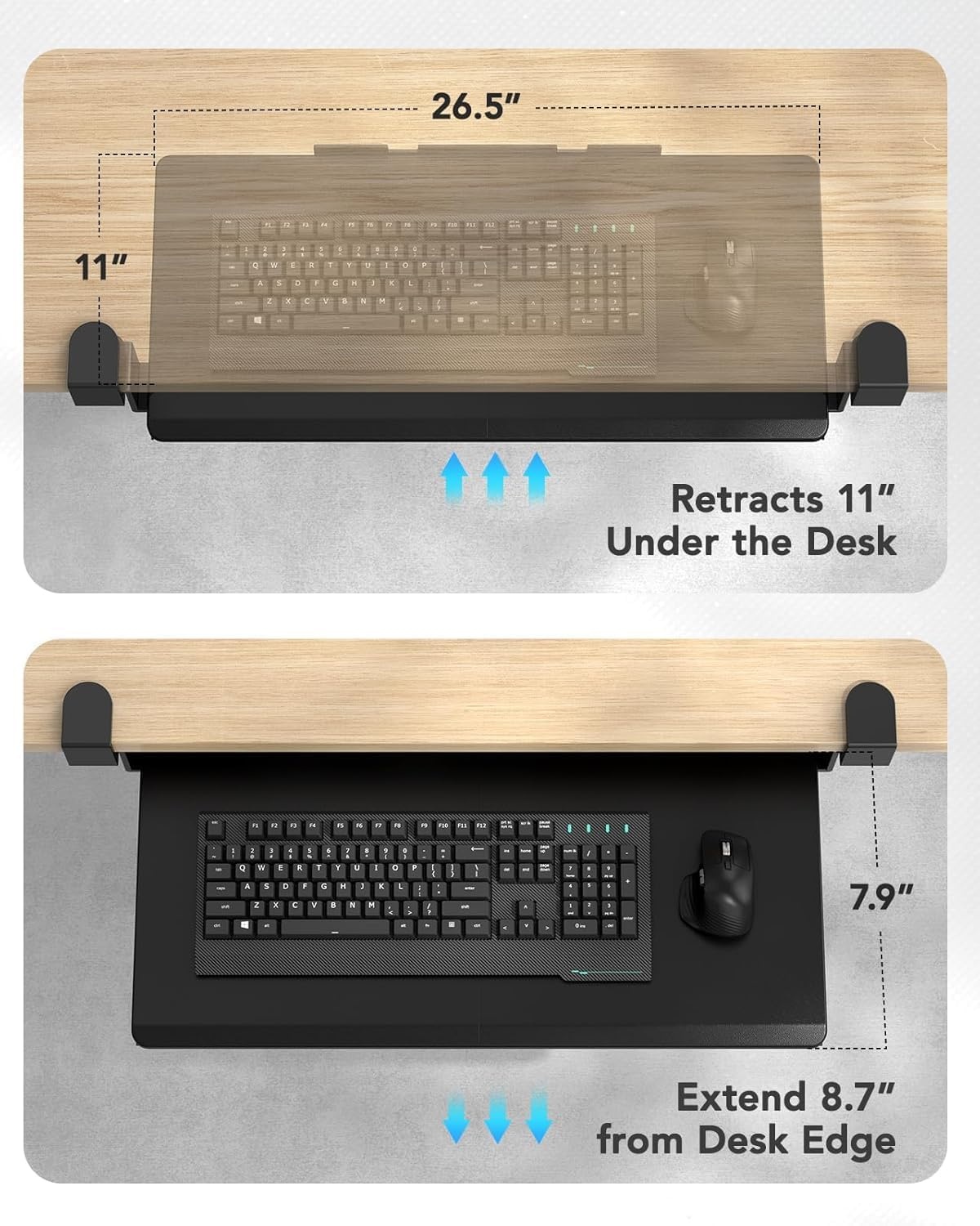 image:imageHUANUO Keyboard Tray Under Desk Keyboard Holder with CClamp Hardware 265 W x 118 D Slide Out Computer Keyboard amp Mouse Tray for Home Office Black HNKB12B Large
