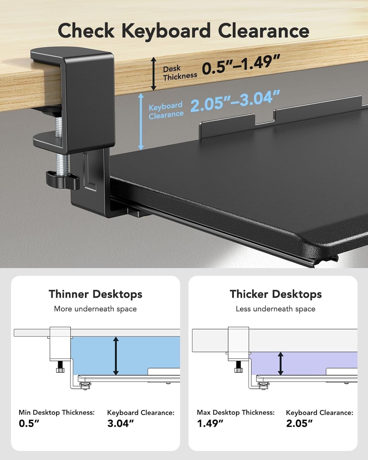 image:imageHUANUO Keyboard Tray Under Desk Keyboard Holder with CClamp Hardware 265 W x 118 D Slide Out Computer Keyboard amp Mouse Tray for Home Office Black HNKB12B Large