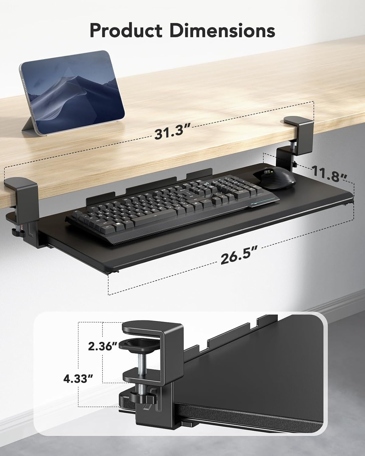 image:imageHUANUO Keyboard Tray Under Desk Keyboard Holder with CClamp Hardware 265 W x 118 D Slide Out Computer Keyboard amp Mouse Tray for Home Office Black HNKB12B Large