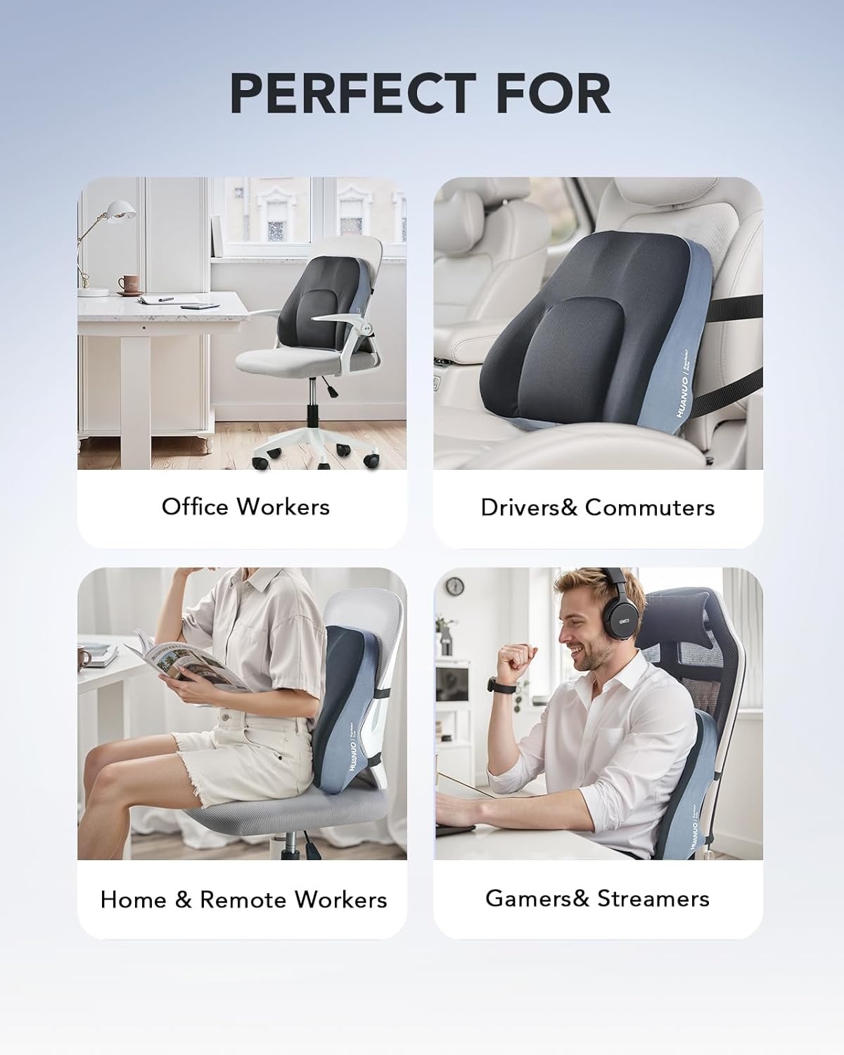 image:imageHUANUO Lumbar Support Pillow for Office Chair Car Back Support Pillow Memory Foam Back Cushion with Double Adjustable Straps Ergonomic Posture Corrector for Sitting Comfort
