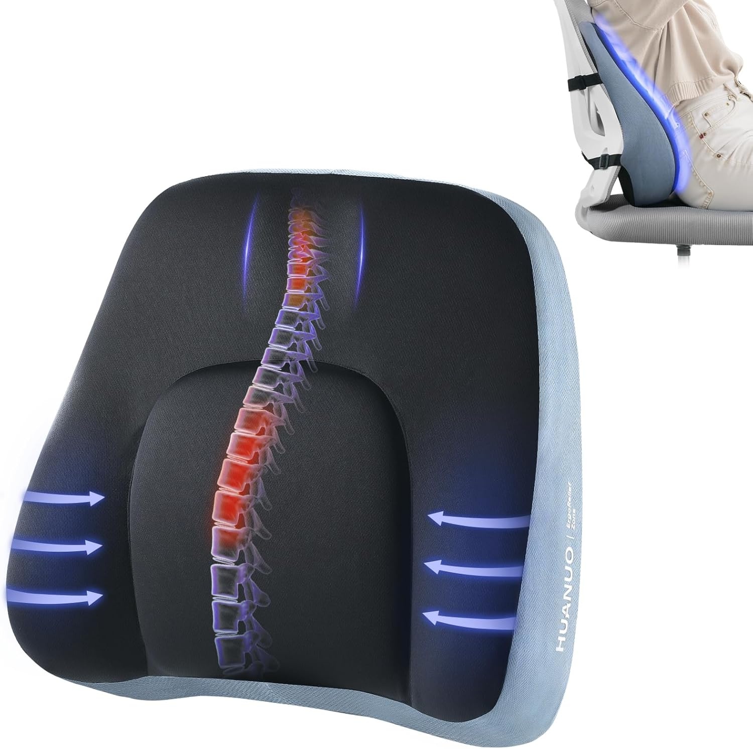 image:imageHUANUO Lumbar Support Pillow for Office Chair Car Back Support Pillow Memory Foam Back Cushion with Double Adjustable Straps Ergonomic Posture Corrector for Sitting Comfort