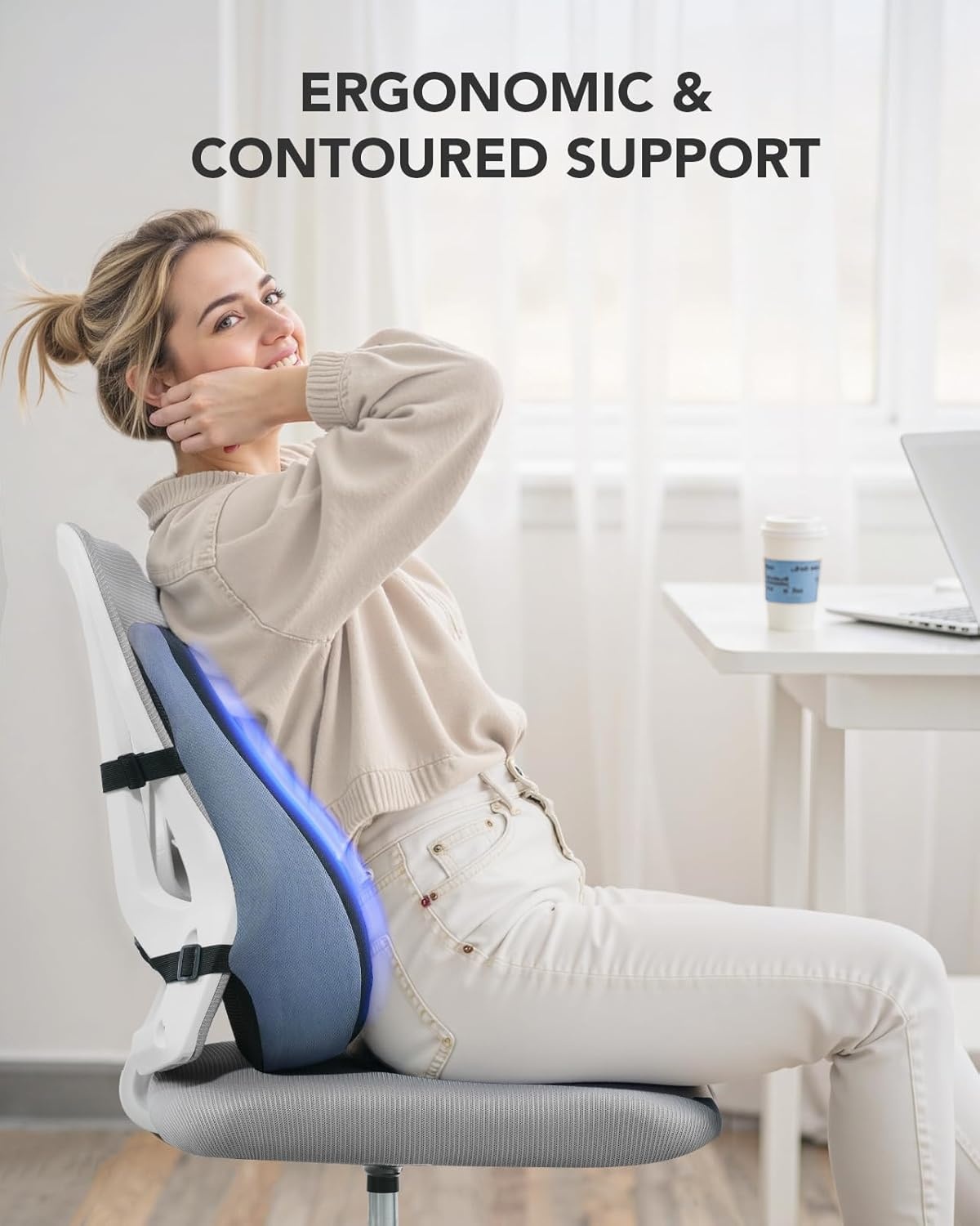 image:imageHUANUO Lumbar Support Pillow for Office Chair Car Back Support Pillow Memory Foam Back Cushion with Double Adjustable Straps Ergonomic Posture Corrector for Sitting Comfort