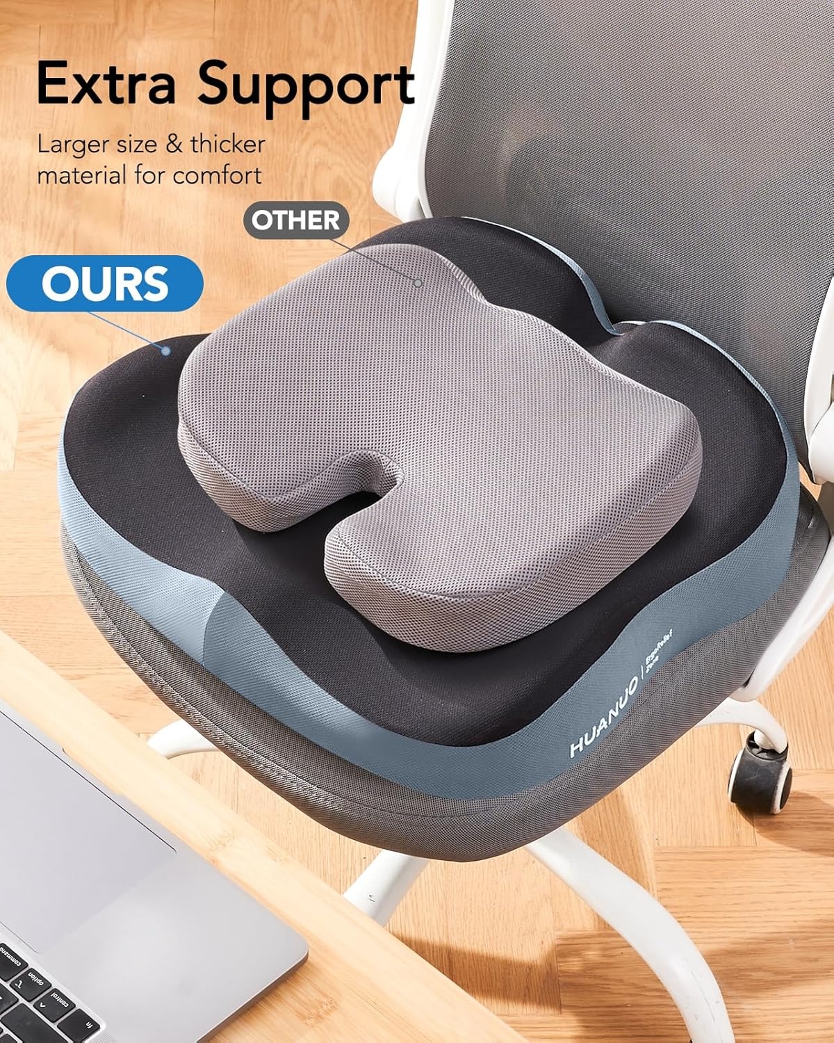 image:imageHUANUO Office Seat Cushion for Tailbone Support HighDensity Memory Foam Cushion Breathable Coccyx Cushion NonSlip Bottom for Sciatica Relief Perfect for Office Car and Wheelchair