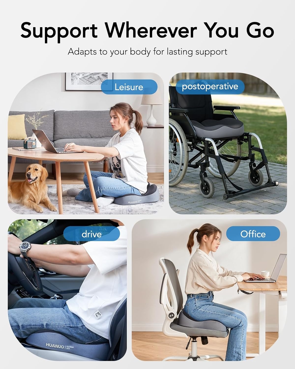 image:imageHUANUO Office Seat Cushion for Tailbone Support HighDensity Memory Foam Cushion Breathable Coccyx Cushion NonSlip Bottom for Sciatica Relief Perfect for Office Car and Wheelchair