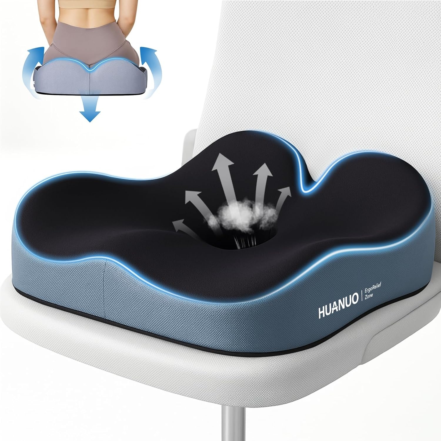 image:imageHUANUO Office Seat Cushion for Tailbone Support HighDensity Memory Foam Cushion Breathable Coccyx Cushion NonSlip Bottom for Sciatica Relief Perfect for Office Car and Wheelchair