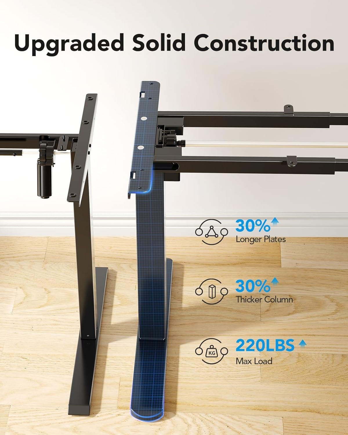 image:imageHUANUO Standing Desk Frame with 220lbs Powerful Brushless Motor Double Crossbeam Structure Thick Adjustable Desk Legs for Max 354 x 866 Desktop for Home Office Black Frame OnlyBlack