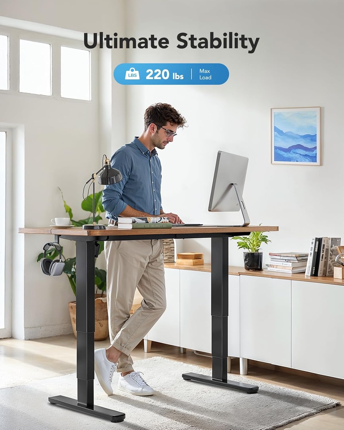 image:imageHUANUO Standing Desk Frame with 220lbs Powerful Brushless Motor Double Crossbeam Structure Thick Adjustable Desk Legs for Max 354 x 866 Desktop for Home Office Black Frame OnlyBlack