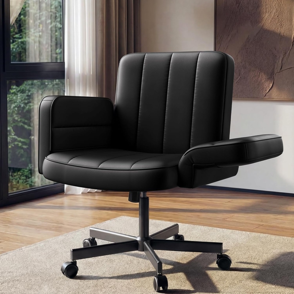 image:imageHUANUO Criss Cross Chair with 6Point Adjustable Armrests PetFriendly Criss Cross Office Chair Comfortable Cross Leg Chair with Wide Seat Durable PU Leather Side Storage Pocket Easy Assembly