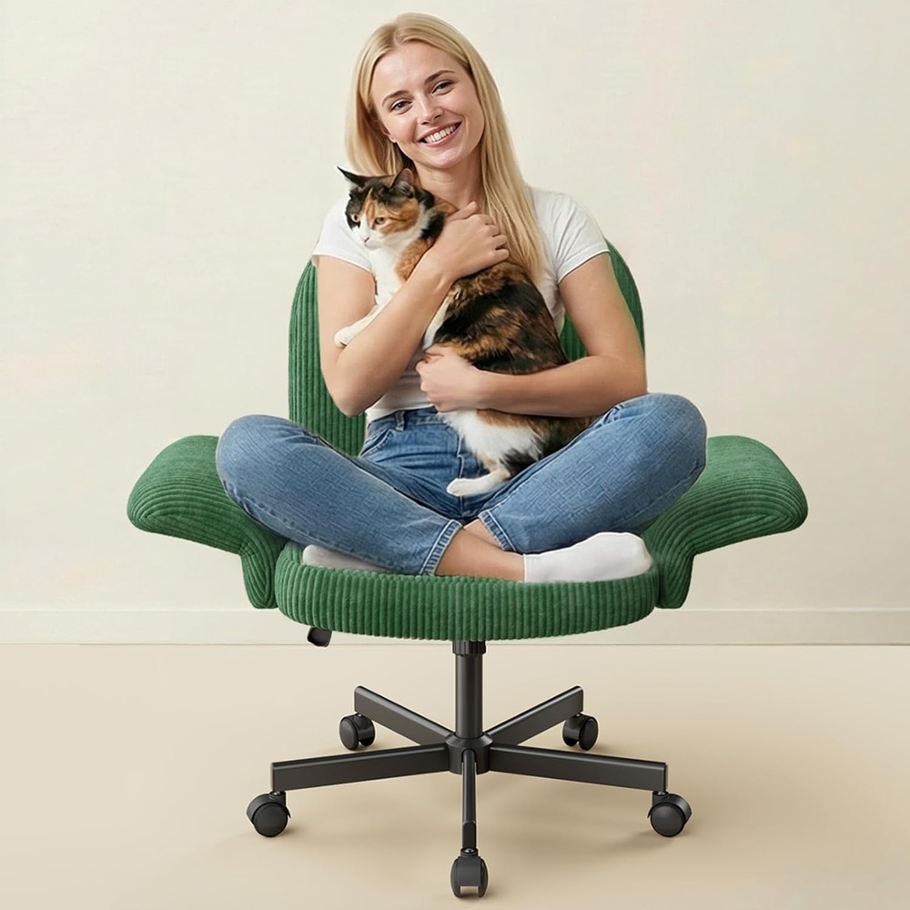 image:imageHUANUO Criss Cross Office Chair for Women Cross Legged Desk Chair with Adjustable Armrests Soft Corduroy Fabric for Small Spaces Petite Home Office Computer Chair for Girls PinkDeep Green