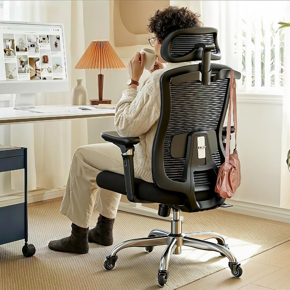 image:imageHUANUO Ergonomic Office Chair with 6D Armrest Seat Depth Adjustment Lumbar Support Quiet Rubber Caster High Back Mesh Gaming Chair with 3D Headrest Big and Tall Desk Chair for Home Office Black