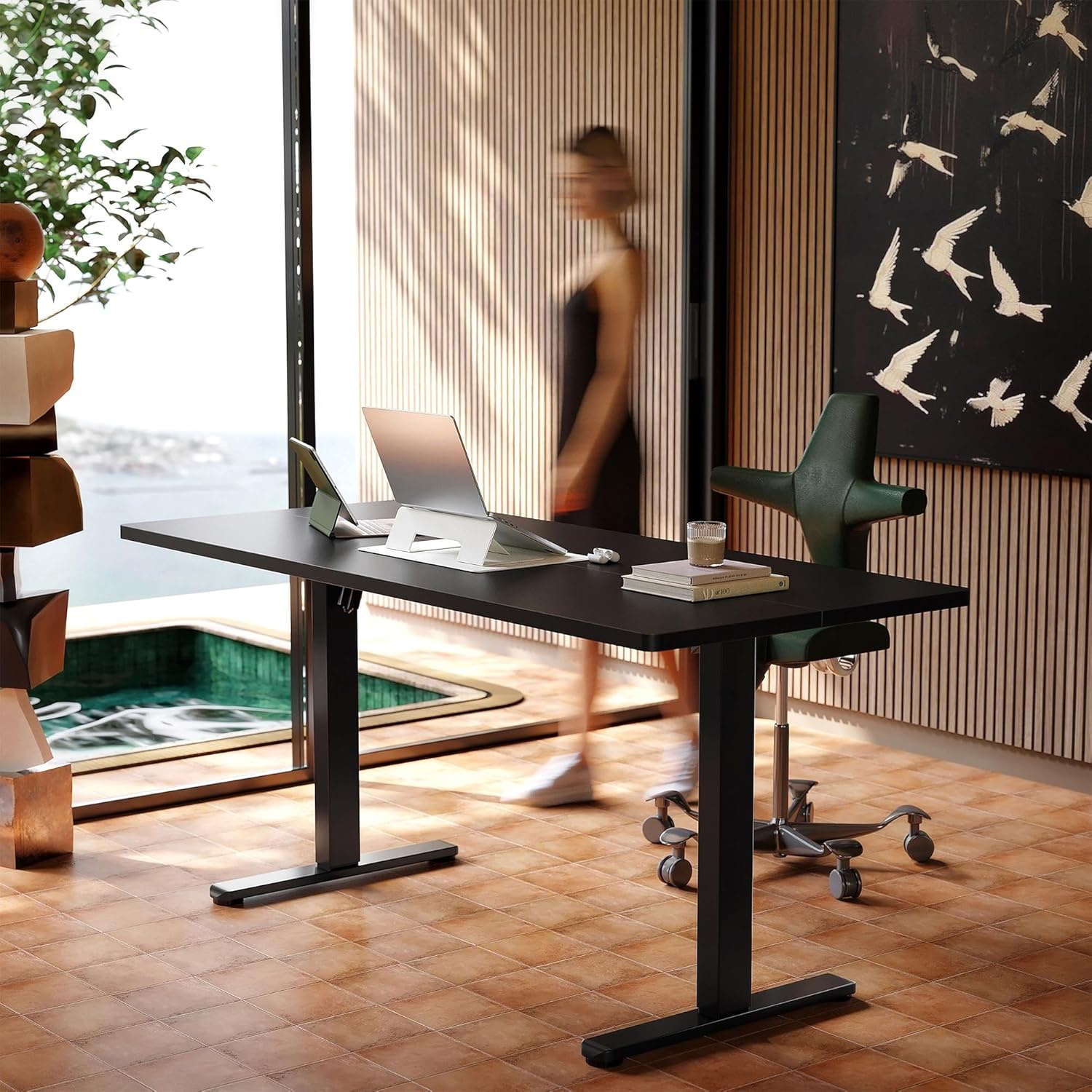 image:imageHUANUO 55 x 28 inch Electric Standing Desk Adjustable Height 4 Memory Height Settings Sit Stand Up Desk for Home Office amp Computer Workstation WhiteBlack