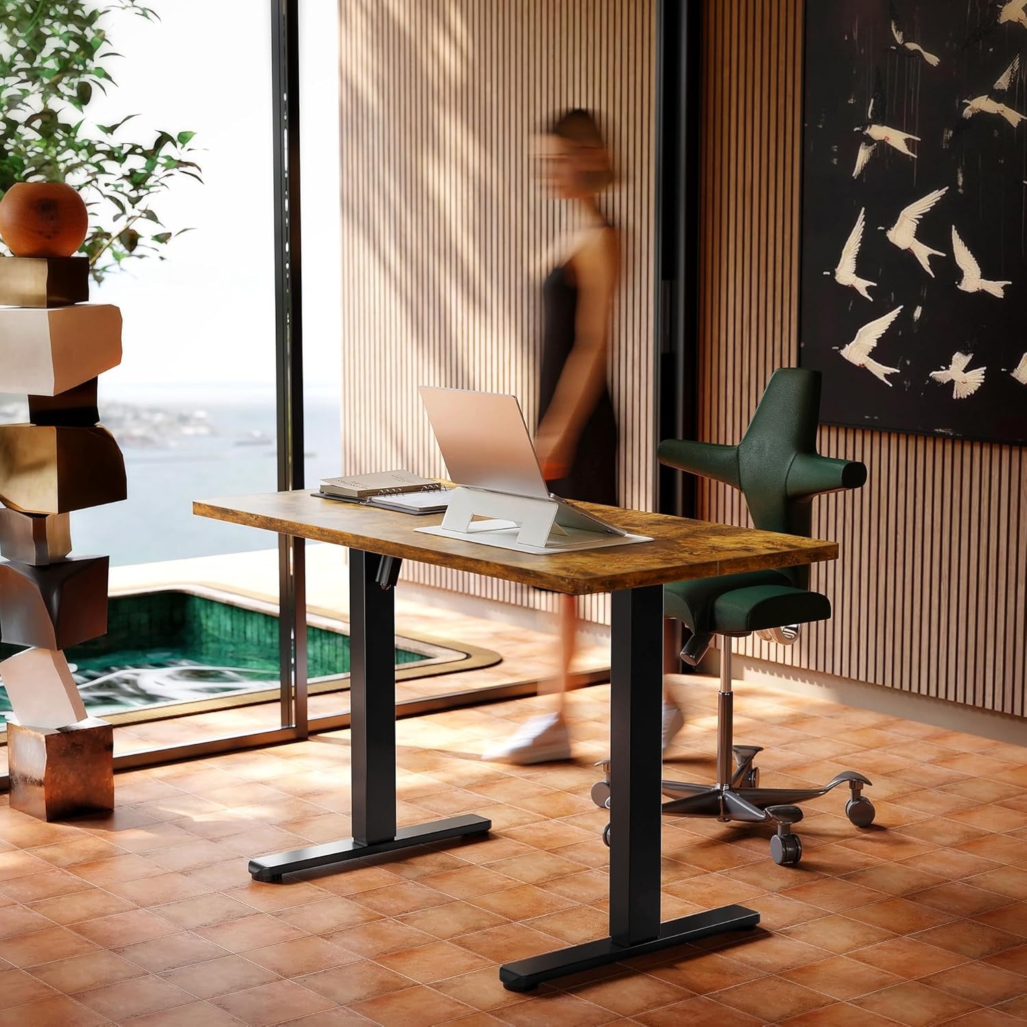 image:imageHUANUO 55 x 28 inch Electric Standing Desk Adjustable Height 4 Memory Height Settings Sit Stand Up Desk for Home Office amp Computer Workstation WhiteRustic Brown