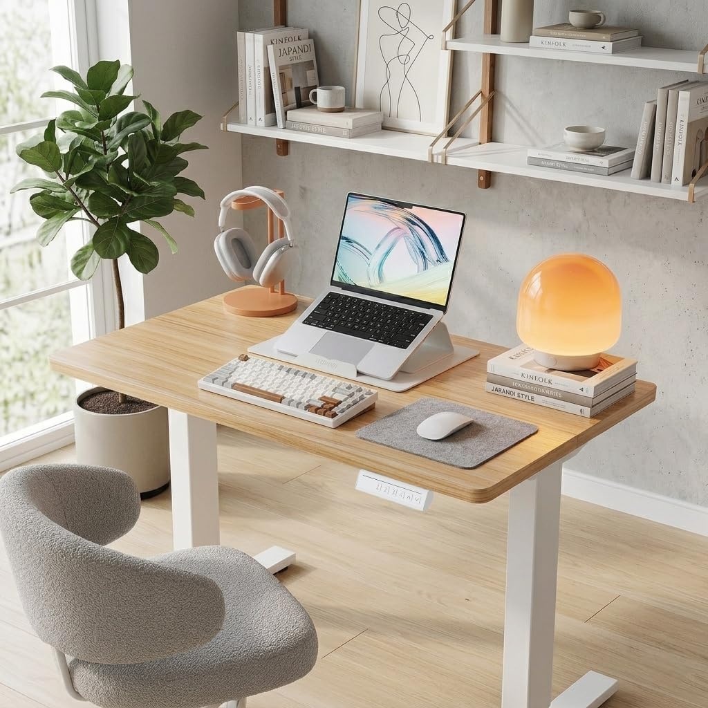 image:imageHUANUO 55 x 28 inch Electric Standing Desk Adjustable Height 4 Memory Height Settings Sit Stand Up Desk for Home Office amp Computer Workstation WhiteNatural