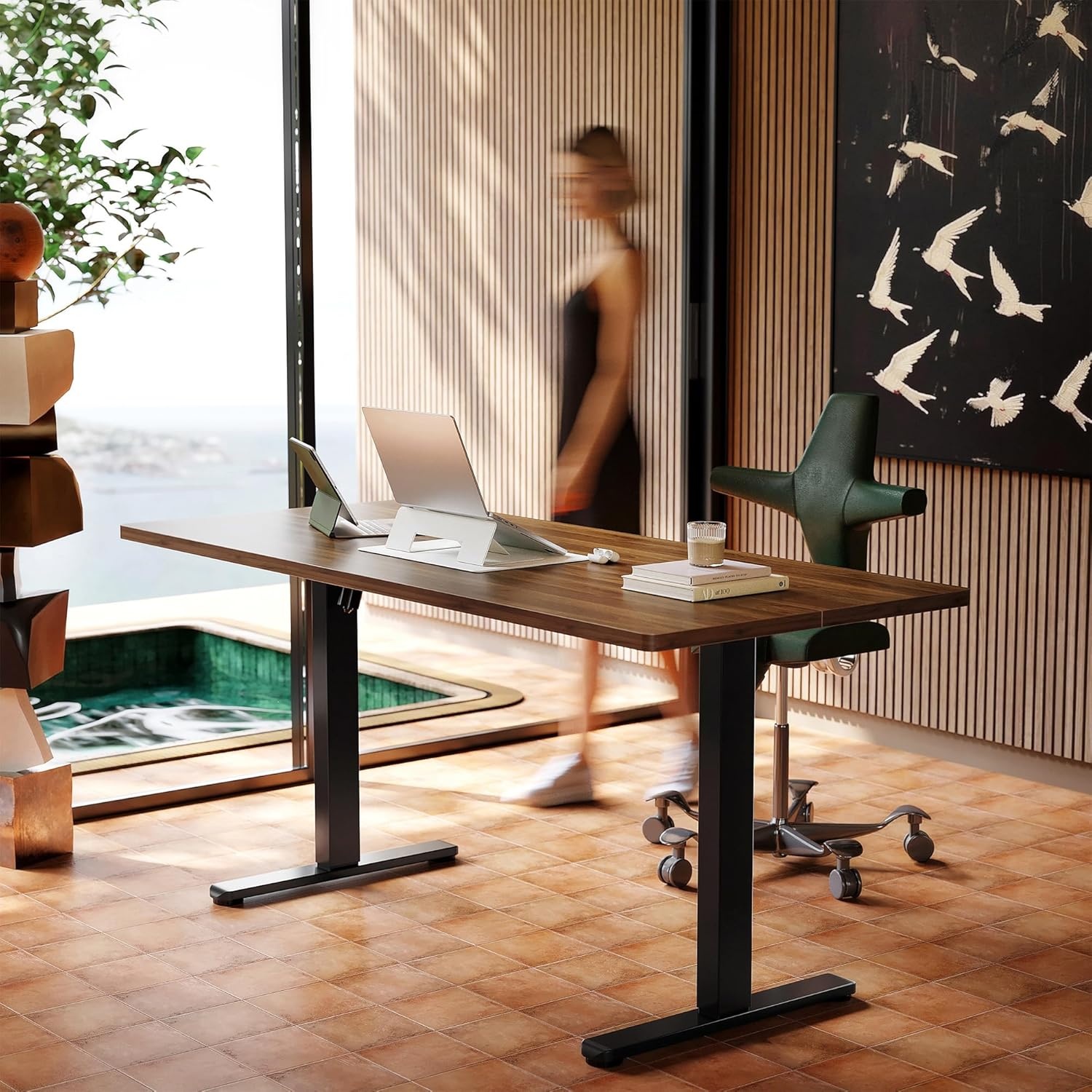 image:imageHUANUO 55 x 28 inch Electric Standing Desk Adjustable Height 4 Memory Height Settings Sit Stand Up Desk for Home Office amp Computer Workstation WhiteWalnut