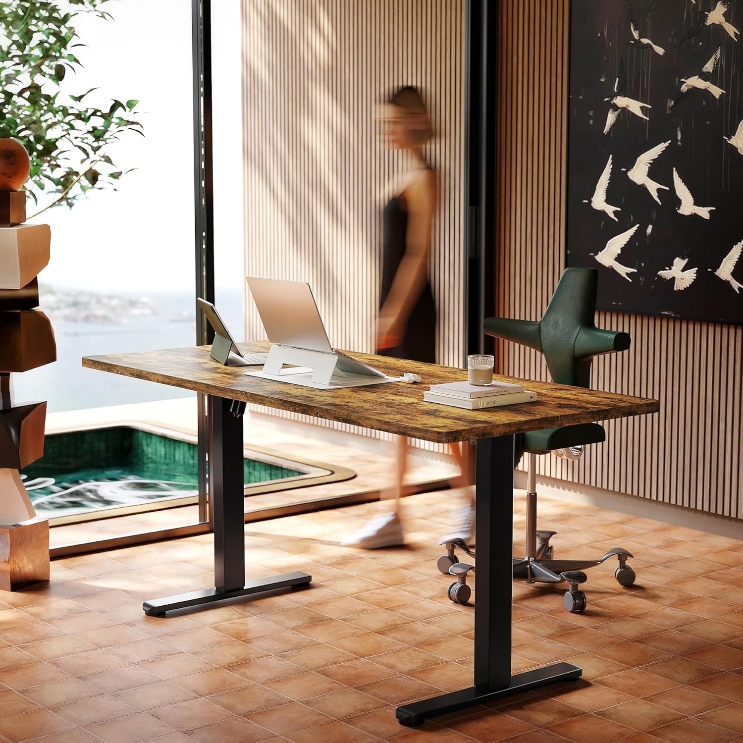 image:imageHUANUO 55 x 28 inch Electric Standing Desk Adjustable Height 4 Memory Height Settings Sit Stand Up Desk for Home Office amp Computer Workstation WhiteRustic Brown