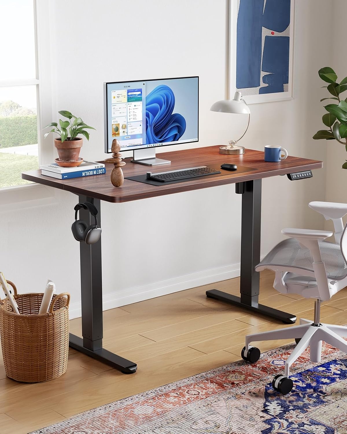 image:imageHUANUO 55 x 28 inch Electric Standing Desk Adjustable Height 4 Memory Height Settings Sit Stand Up Desk for Home Office amp Computer Workstation WhiteWalnut