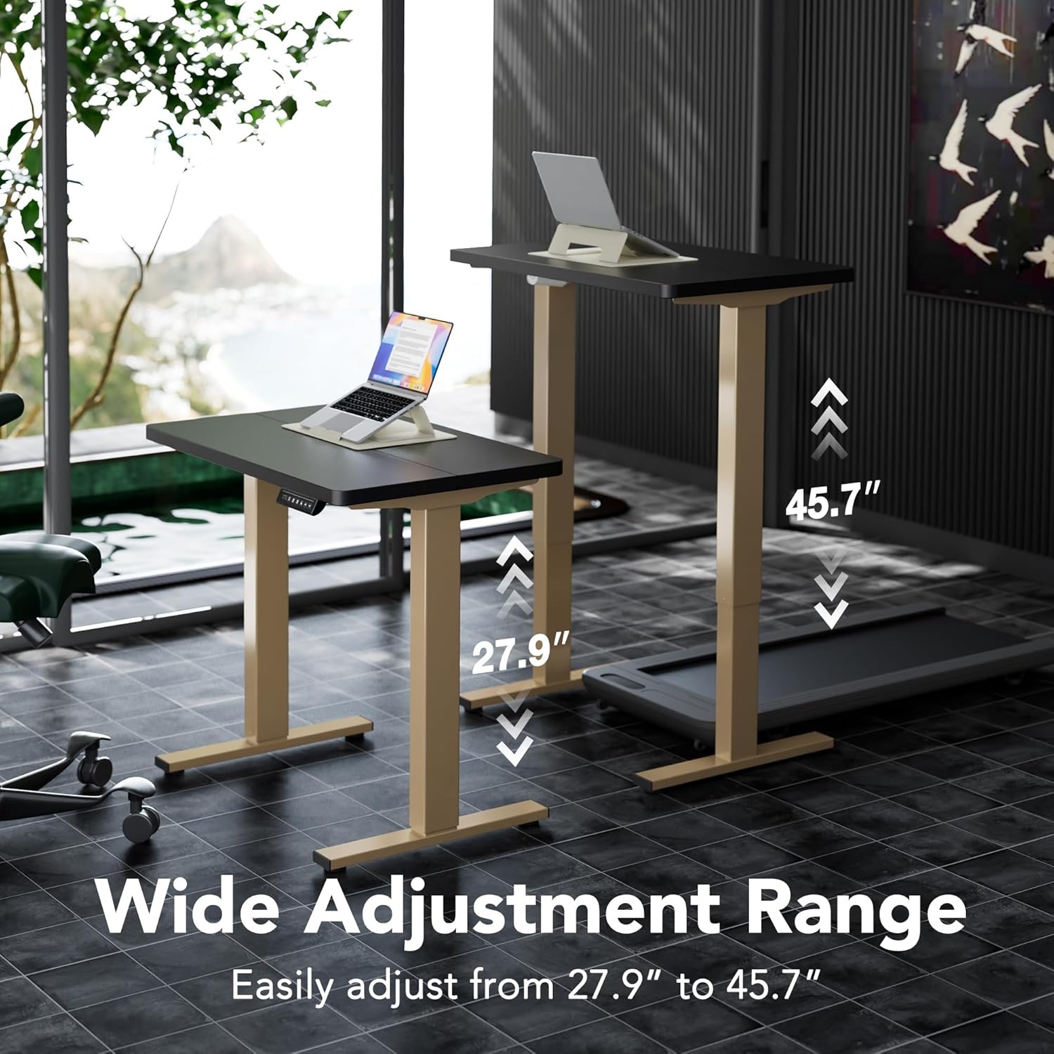 image:imageHUANUO 55 x 28 inch Electric Standing Desk Adjustable Height 4 Memory Height Settings Sit Stand Up Desk for Home Office amp Computer Workstation WhiteBlackgold Frame