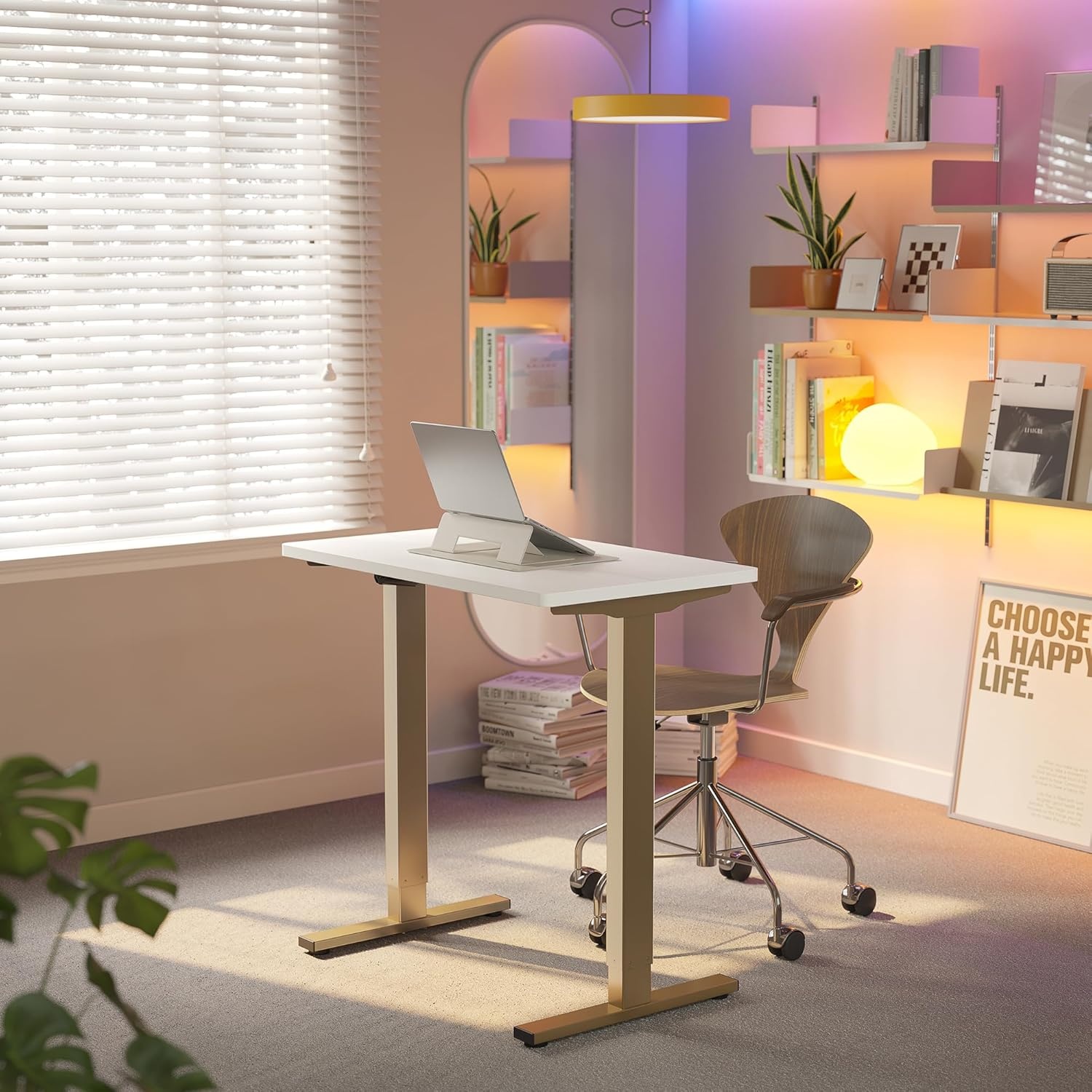 image:imageHUANUO 55 x 28 inch Electric Standing Desk Adjustable Height 4 Memory Height Settings Sit Stand Up Desk for Home Office amp Computer Workstation WhiteWhitegold Frame